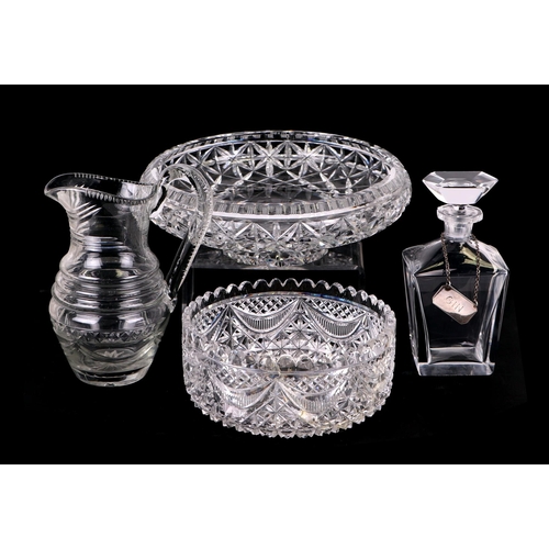 343 - A pair of  Georgian cut glass mallet form decanters (incorrect stoppers), 30cm high, a Georgian wate... 