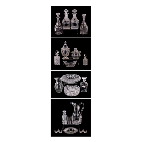 343 - A pair of  Georgian cut glass mallet form decanters (incorrect stoppers), 30cm high, a Georgian wate... 