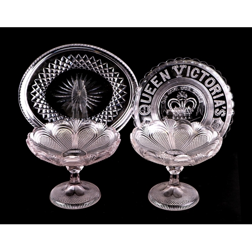 344 - A Victorian seven piece glass condiment set in a silver plated stand, 19cm wide, a pair of pressed g... 