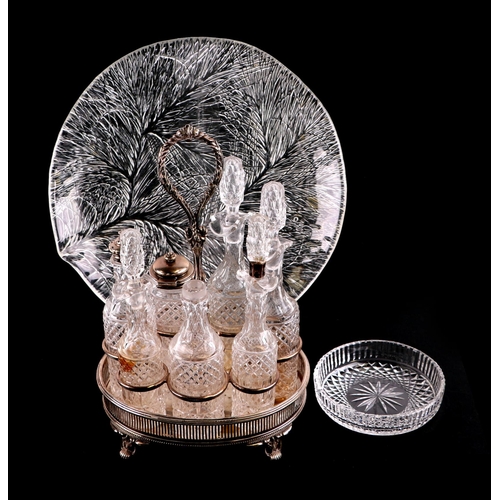 344 - A Victorian seven piece glass condiment set in a silver plated stand, 19cm wide, a pair of pressed g... 