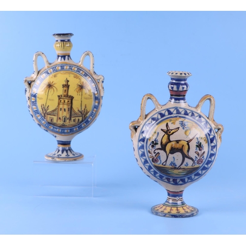 362 - Two Italian maiolica pottery moon flasks decorated with birds, animals and buildings, 22cms high (2)... 