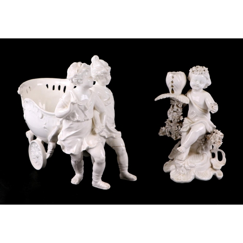 383 - A pair of Augustus Rex porcelain figural candlesticks, 21cms high; together with a 19th century Derb... 