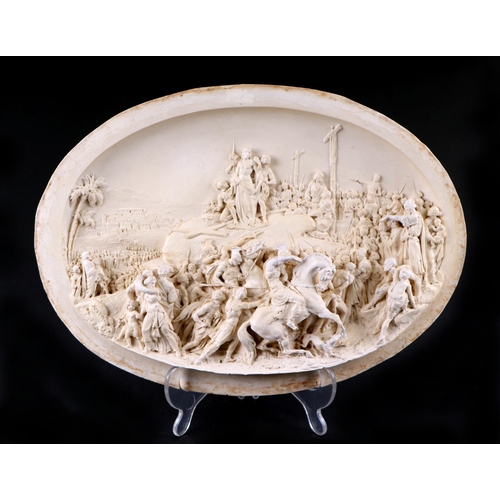 392 - A Parian ware figural dish depicting a fox and rabbit, 29cm wide; and a similar plaque depicting the... 