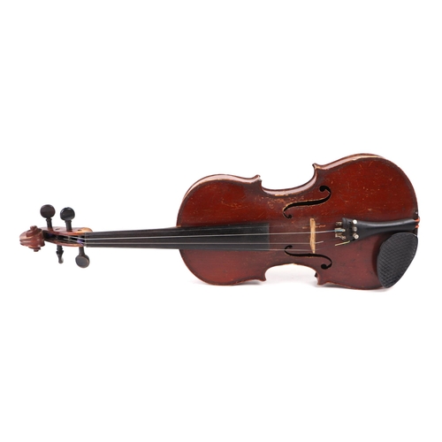 408 - A two-piece back violin, 60cms long with two bows, in a pine case.