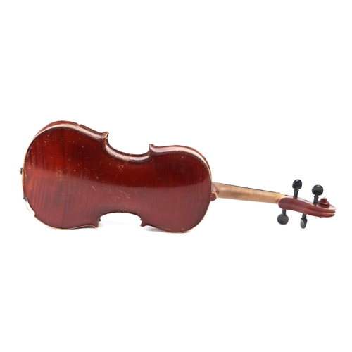 408 - A two-piece back violin, 60cms long with two bows, in a pine case.