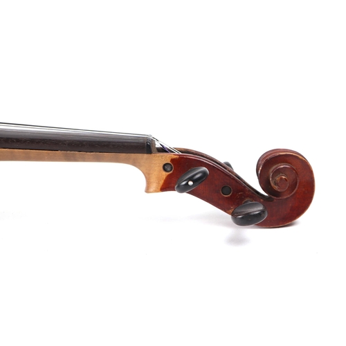 408 - A two-piece back violin, 60cms long with two bows, in a pine case.