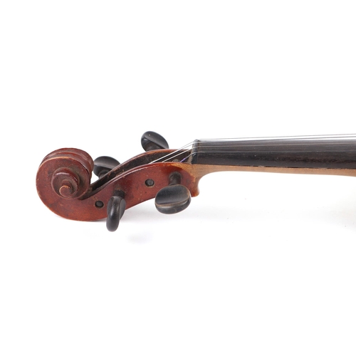 408 - A two-piece back violin, 60cms long with two bows, in a pine case.