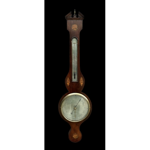 432 - An Edwardian wheel barometer and thermometer in a mahogany case with shell inlay decoration, 96cm hi... 