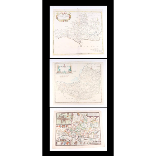 44 - John Speed - a hand coloured map of Dorsetshyre with armorials and vignette of Dorchester, 57 by 43c... 