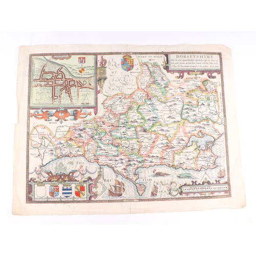 44 - John Speed - a hand coloured map of Dorsetshyre with armorials and vignette of Dorchester, 57 by 43c... 