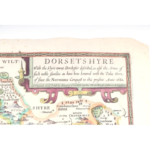 44 - John Speed - a hand coloured map of Dorsetshyre with armorials and vignette of Dorchester, 57 by 43c... 