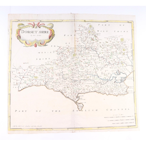 44 - John Speed - a hand coloured map of Dorsetshyre with armorials and vignette of Dorchester, 57 by 43c... 