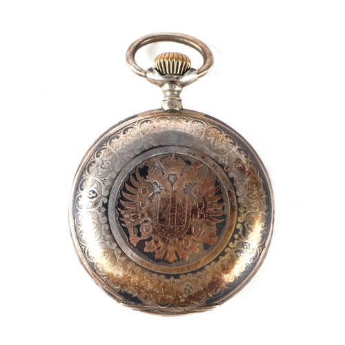 558 - A 19th century continental niello silver full hunter pocket watch, the white enamel dial with Roman ... 