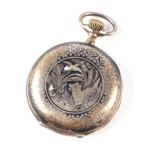 558 - A 19th century continental niello silver full hunter pocket watch, the white enamel dial with Roman ... 