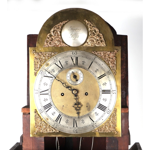 581 - A 19th century 8-day longcase clock, the brass arched dial with silvered chapter ring having Roman n... 