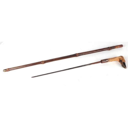 99 - A cane shafted Sword stick with a square section tapering blade and a deer hoof handle. Blade length... 