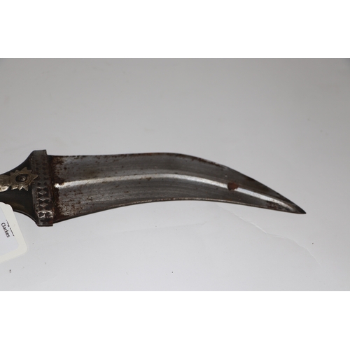 81 - A Middle Eastern Jambiya dagger with leather scabbard, 34cm long.