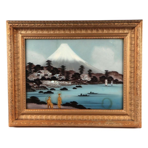 127 - A pair of early 20th century Japanese reverse painted on glass paintings depicting Mount Fuji, frame... 