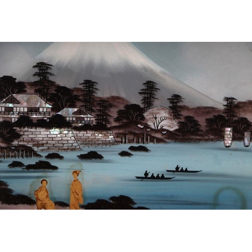 127 - A pair of early 20th century Japanese reverse painted on glass paintings depicting Mount Fuji, frame... 