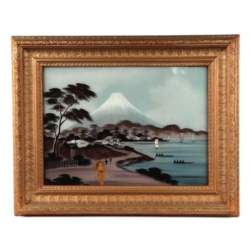 127 - A pair of early 20th century Japanese reverse painted on glass paintings depicting Mount Fuji, frame... 