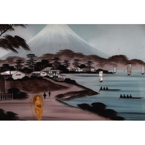 127 - A pair of early 20th century Japanese reverse painted on glass paintings depicting Mount Fuji, frame... 