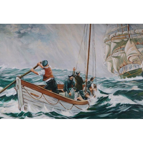 131 - A J Bunce (20th century school) - Seascape with Sailors in a Small Boat and a Sailing Ship in the Di... 