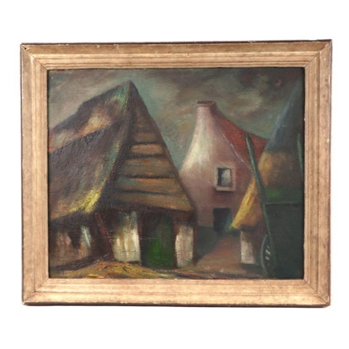 139 - Early 20th century British school - Abstract Farmyard Scene with Hay Rick and Cart - oil on board, 4... 