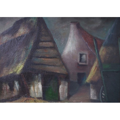 139 - Early 20th century British school - Abstract Farmyard Scene with Hay Rick and Cart - oil on board, 4... 