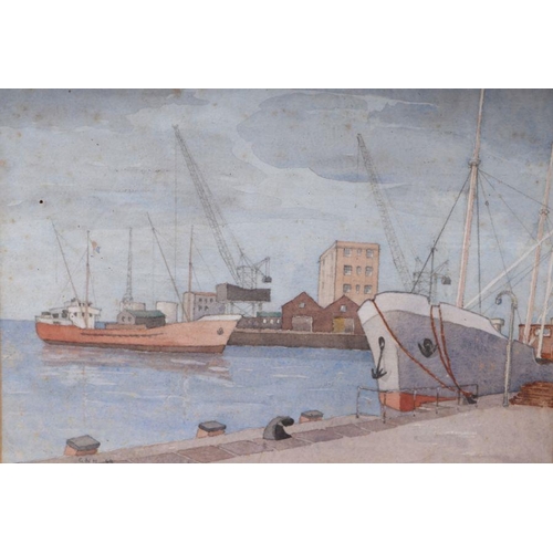 157 - Mid 20th century English school - Harbour Scene with Moored Boats and a Crane in the Distance - wate... 