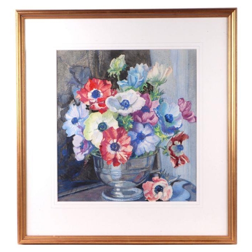 160 - Isabel Wrightson - Still Life of anemones in a bowl - watercolour, bears remains of the Royal Instit... 