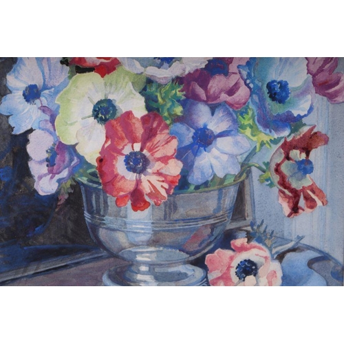 160 - Isabel Wrightson - Still Life of anemones in a bowl - watercolour, bears remains of the Royal Instit... 