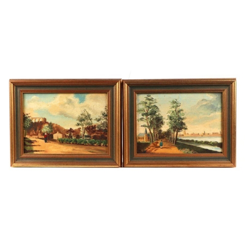 174 - Continental school - a pair of landscape scenes with figures on a lane with buildings in the distanc... 