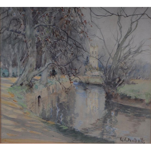 186 - G F Nicholls - River Scene with Church in the Background - signed lower right, watercolour, Ryman & ... 