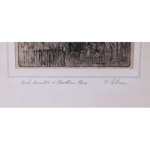 196 - F Robson - a pair of drypoint etchings, St Bride's Church, London and York Minster, both signed in p... 