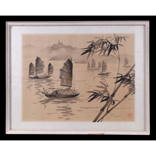 199 - Chinese school - Fishing Boats and Bamboo - watercolour on silk, framed & glazed; together with anot... 