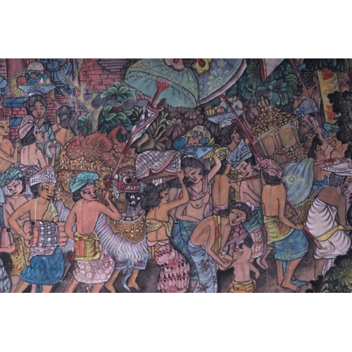 203 - Balinese school - Ceremonial Procession - watercolour on textile, framed, 83 by 56cms.