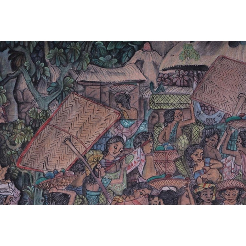 203 - Balinese school - Ceremonial Procession - watercolour on textile, framed, 83 by 56cms.