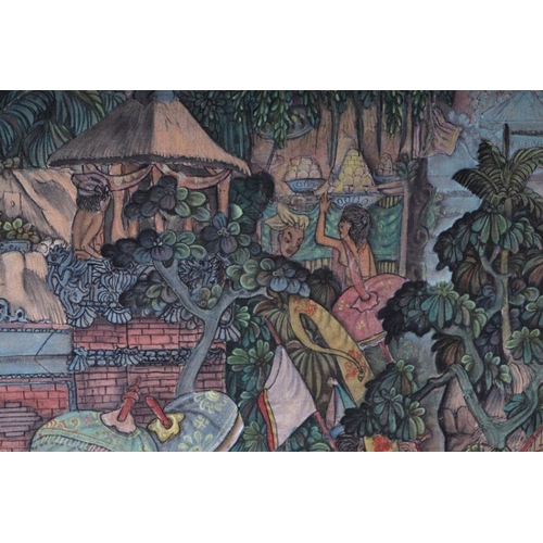 203 - Balinese school - Ceremonial Procession - watercolour on textile, framed, 83 by 56cms.