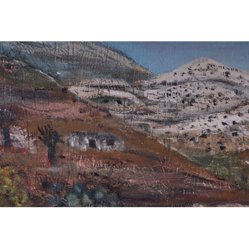 204 - 20th century continental school - Mountainous Landscape - textured oil on board, framed, 102 by 41cm... 