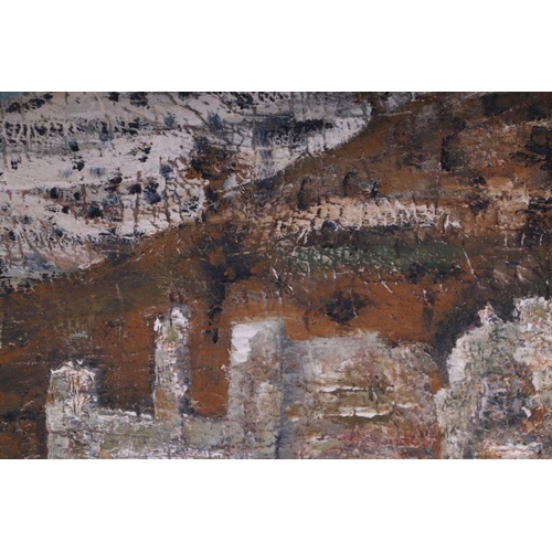 204 - 20th century continental school - Mountainous Landscape - textured oil on board, framed, 102 by 41cm... 