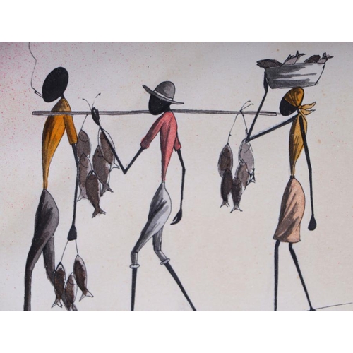 217 - Bon Chandiyanba (20th century South African school) - Figures Carrying Fish - coloured print, signed... 