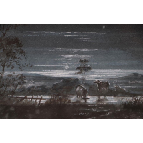 220 - Richard Cobb (modern British) - Moonlit Scene with Cattle Drinking - watercolour, framed & glazed, 2... 