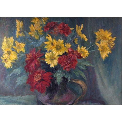 221 - Audrey E Haydon (20th century British) - Chrysanthemums - still life of flowers in a jug, signed low... 