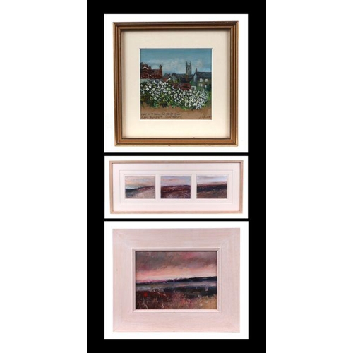 232 - Carol Clark (modern British) - a triptych of Moorland Scenes, oil on paper, each 14 by 10cms, framed... 