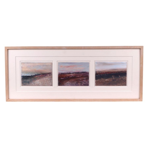 232 - Carol Clark (modern British) - a triptych of Moorland Scenes, oil on paper, each 14 by 10cms, framed... 