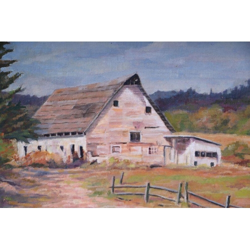 251 - P M Eldridge - White Barn - oil on board, signed and dated '75, label to verso, 29 by 24cms, framed.