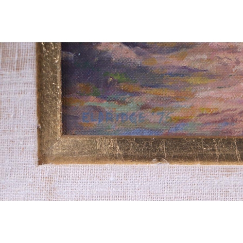 251 - P M Eldridge - White Barn - oil on board, signed and dated '75, label to verso, 29 by 24cms, framed.