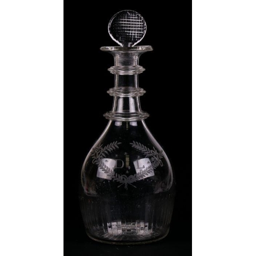 265 - An Irish Cork Waterloo Glass Co. decanter and stopper, circa 1800, of mallet form with three applied... 