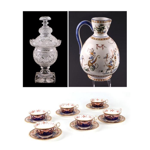 306 - A set of six Copelands tea cups and saucers decorated in the Imari palate, together with a maiolica ... 