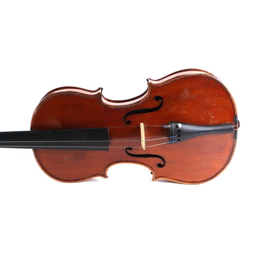 327 - A single piece back violin, labelled to the inside 'Copy of Andreas Amati', with associated bow, cas... 